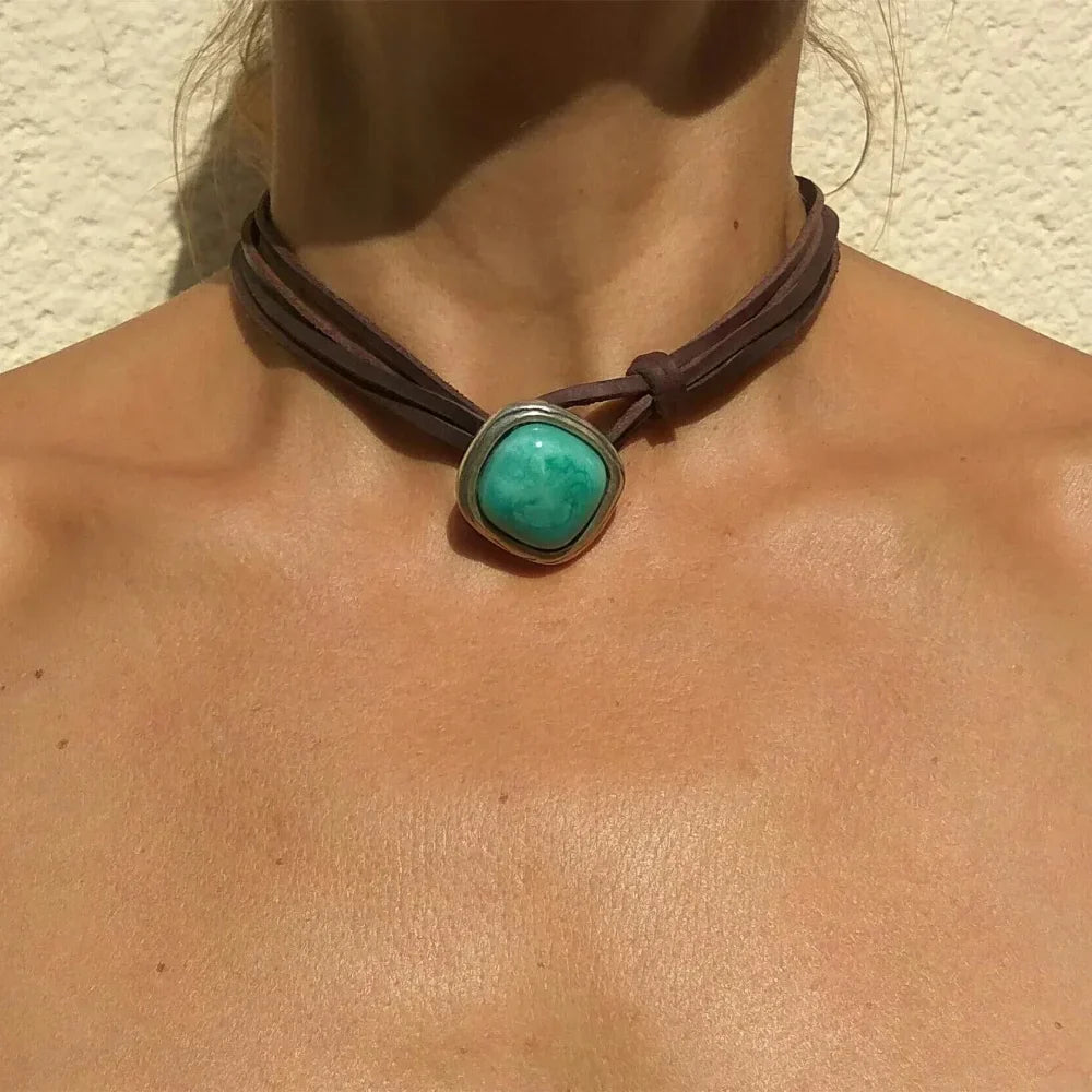 Collier Pendentif Turquoise Vintage Bohémien