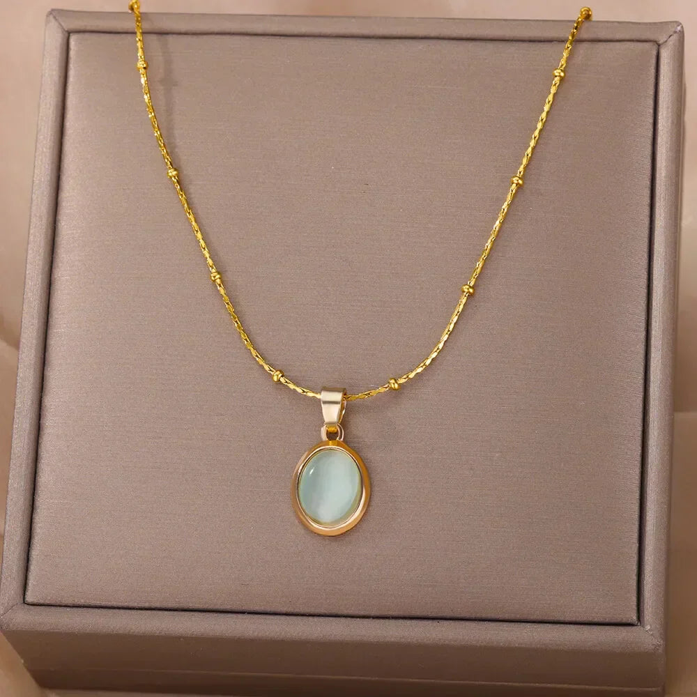 Collier Pendentif Opale Goutte d'Eau en Acier Inoxydable Doré Chic